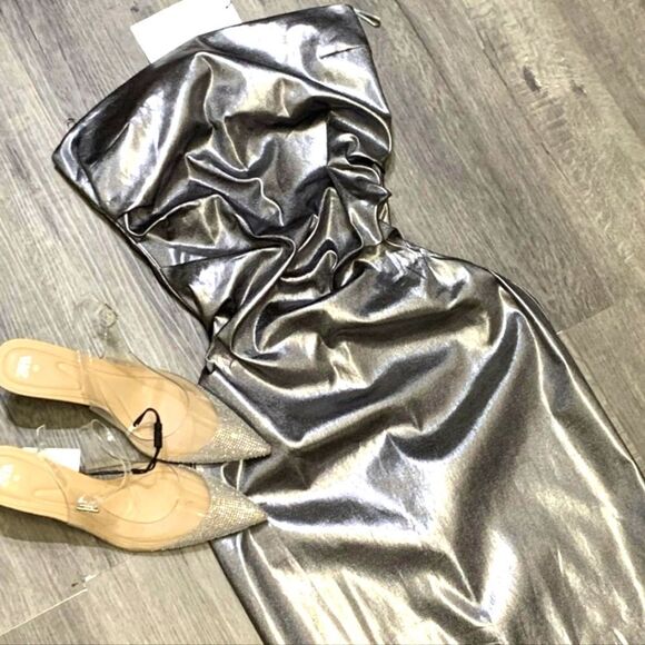 ZARA STRAPLESS METALLIC DRESS STEEL - Picture 1 of 11